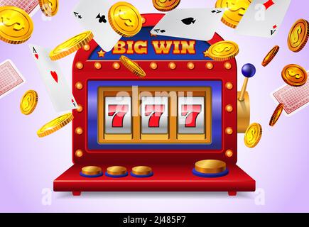 Slot machine with big win lettering, flying playing cards and golden coins on purple background. Casino business advertising design. For posters, bann Stock Vector
