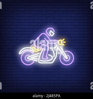 Man riding motorcycle on brick background. Neon style vector illustration. Bikers club, motorcycle customs, motocross. Biker banner. For hobby, biker Stock Vector