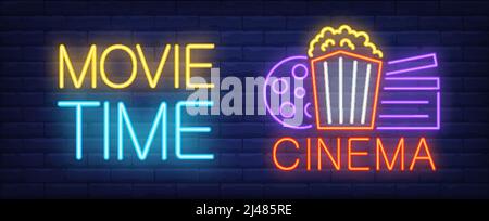 Movie time neon sign. Popcorn bucket, clapperboard and film reel on poster. Night bright advertisement. Vector illustration in neon style for online c Stock Vector