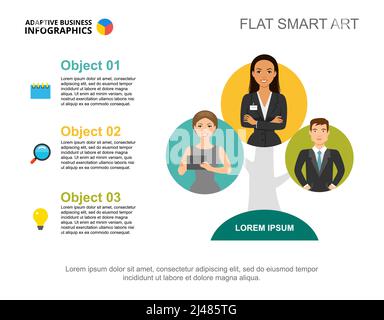 Three employees process chart template for presentation. Vector illustration. Diagram, graph, infochart. Staff, plan, business, teamwork, training or Stock Vector