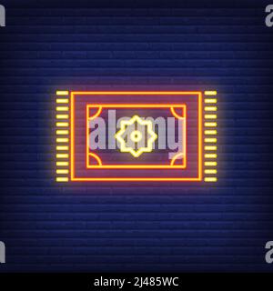 Persian carpet neon sign. Oriental mosaic rug. Night bright advertisement. Vector illustration in neon style for Ramadan holiday or cultural event Stock Vector