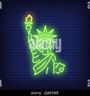 Statue of Liberty on brick background. Neon style illustration. New York, Manhattan, Independence Day. USA banner. For holiday, famous place, travel c Stock Vector