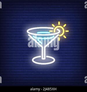 Summer beverage neon sign. Margarita cocktail with shining sun on edge of glass. Night bright advertisement. Vector illustration in neon style for alc Stock Vector