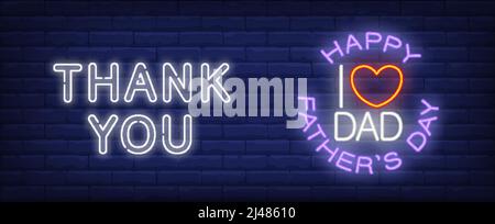 Thank you, I love you dad vector illustration in neon style. Text and red heart shape on brick wall background. Night bright design, banner, sign. Fam Stock Vector