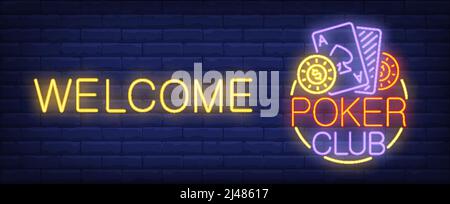 Poker club neon sign. Cards, poker chips and welcome inscription on brick wall background. Night bright advertisement. Vector illustration in neon sty Stock Vector