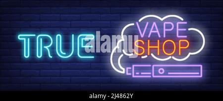 True vape shop neon sign. Purple electronic cigarette with smoke cloud. Vector illustration in neon style for store or consumerism Stock Vector