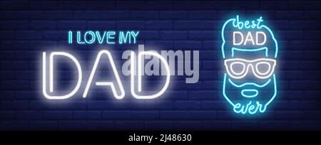 I love my dad, best dad ever vector illustration in neon style. Text and mans head shape on brick wall background. Night bright design, banner, sign. Stock Vector