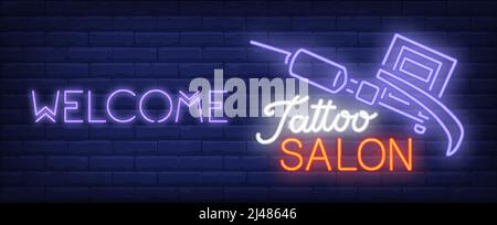 Welcome to tattoo salon neon sign. Professional tattoo machine and bright inscription on dark brick wall. Vector illustration in neon style for tattoo Stock Vector