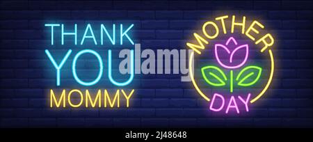 Mother day neon sign. Pink tulip with leaves in yellow circle. Thank you mommy lettering. Vector illustration in neon style for gratitude or internati Stock Vector