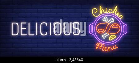 Plate with delicious chicken legs and inscription on brick wall background. Night bright advertisement. Vector illustration in neon style for restaura Stock Vector