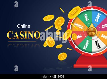 Online casino lettering, wheel of fortune, flying golden coins. Casino business advertising design. For posters, banners, leaflets and brochures. Stock Vector