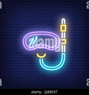 Diving mask neon sign. Equipment for snorkeling on dark brick wall background. Night bright advertisement. Vector illustration in neon style for sport Stock Vector