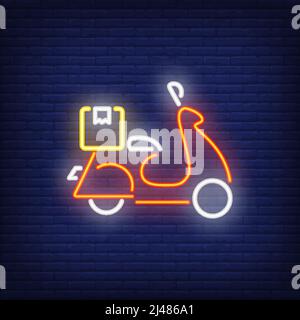 Side view of scooter on brick background. Neon style vector illustration. Moped, courier, motorcycle. Delivery banner. For business, service, transpor Stock Vector