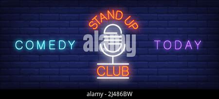Stand up club neon sign. Retro microphone on stand for comedy show today. Night bright advertisement. Vector illustration in neon style for comic and Stock Vector