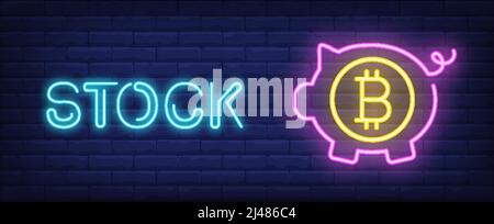 Stock vector illustration in neon style. Text, pink piggy bank with bitcoin symbol on brick wall background. Night bright advertising design, banner, Stock Vector