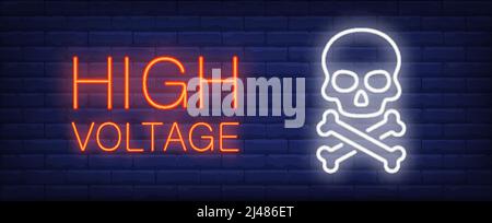 High voltage red and white neon style lettering. Death sign on brick background. Skull and crossbones. Bright wall sign. Can be used for warning sign, Stock Vector