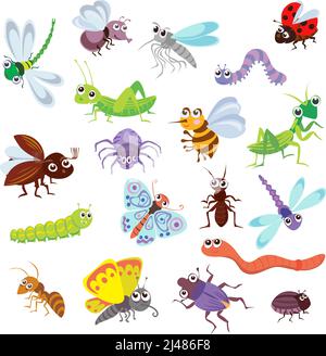funny bugs and other insects, pattern, bugs, various poses and situations, drawing, vector, images, cartoon Stock Vector