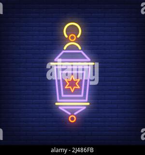 Traditional lantern neon sign. Garden lamp on dark brick wall background. Night bright advertisement. Vector illustration in neon style for decoration Stock Vector