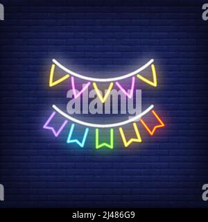 Two rows of multicolored buntings on brick background. Neon style sign. Party, garland, festival. Decorative element. For holiday, event, celebration Stock Vector