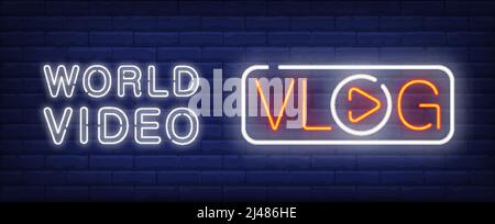 World video on vlog neon sign. Vlog lettering with player button instead of O letter in white frame. Vector illustration in neon style for popular vid Stock Vector