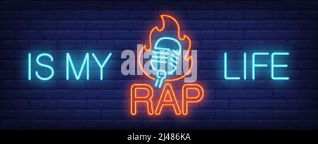 My rap life neon sign. Signboard with inscription and microphone on fire. Vector illustration in neon style for music album or concert banner Stock Vector