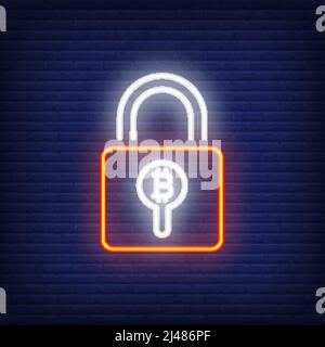Padlock with bitcoin neon sign. Red padlock with bitcoin symbol inside of hole. Night bright advertisement. Vector illustration in neon style for secu Stock Vector