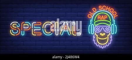 Oldschool rap neon sign. Monkey in sunglasses listening to music in headphones on brick wall. Vector illustration in neon style for special concert ba Stock Vector