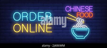 Chinese food delivery neon sign. Traditional noodle soup ad online order inscription. Night bright advertisement. Vector illustration in neon style fo Stock Vector