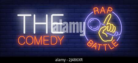 Comedy rap battle neon sign. Hand with microphone in circle on brick wall. Vector illustration in neon style for performance banner or tv show Stock Vector