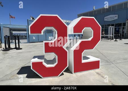 The No. 32 of former Los Angeles Dodgers pitcher Sandy Koufax at the Retired Numbers Plaza at Dodger Stadium Tuesday, Apr. 12, 2022, in Los Angeles. Stock Photo