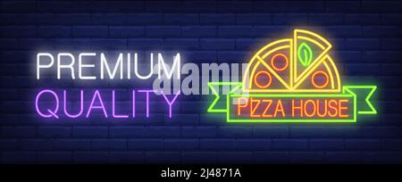 Premium quality in pizza house neon sign. Half pizza round on green scroll. Night bright advertisement. Vector illustration in neon style for pizza re Stock Vector