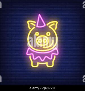 Festive cartoon pig in birthday hat. Neon sign element. Night bright advertisement. Vector illustration for restaurant, menu, celebration, holiday Stock Vector
