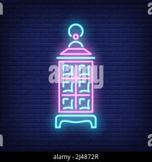 Ramadan Kareem lantern neon sign.  Glowing lamp on dark brick wall background. Night bright advertisement. Vector illustration in neon style for tradi Stock Vector