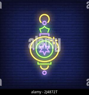 Festive lantern neon sign. Beautiful Ramadan celebration lamp on dark brick wall background. Night bright advertisement. Vector illustration in neon s Stock Vector