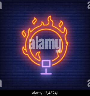 Ring on fire neon icon. Circus flaming hoop on dark brick wall background. Night bright advertisement. Vector illustration in neon style for circus pe Stock Vector