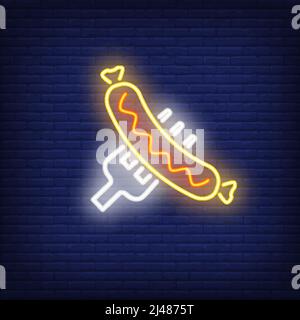 Sausage on fork on brick background. Neon style illustration. Bratwurst, grilled food, barbeque. Food banner. For restaurant, national cuisine, unheal Stock Vector