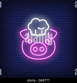 Smiling pig in chef hat. Neon sign element. Night bright advertisement. Vector illustration for restaurant, cafe, diner, menu, advertising design Stock Vector