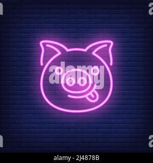 Smiling pink pig cartoon character. Neon sign element. Night bright advertisement. Vector illustration for restaurant, cafe, diner, menu, advertising Stock Vector