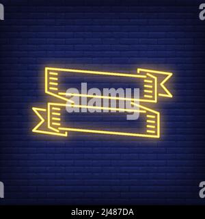 Two yellow ribbon banners on brick background. Neon style vector illustration. Title, shop, announcement. Decorative element. For advertising, design, Stock Vector