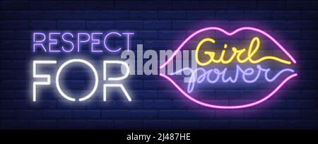 Respect for girl power neon sign. Colorful inscription and lips silhouette on brick wall. Vector illustration in neon style for poster or feminist mov Stock Vector