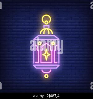 Vintage ornate lantern neon sign. Ramadan lamp with stars on dark brick wall background. Night bright advertisement. Vector illustration in neon style Stock Vector
