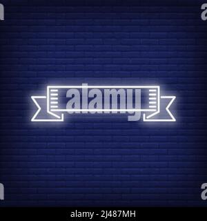 White ribbon banner on brick background. Neon style illustration. Title, shop, announcement. Decorative element. For advertising, signboard, billboard Stock Vector