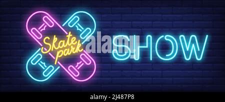 Skate park show neon sign. Blue and pink skateboards and glowing inscription on brick wall. Vector illustration in neon style for sport playground or Stock Vector