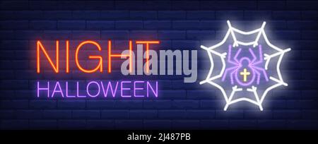 Night Halloween neon style banner with spider in webon brick background.Holiday, party, celebration. Can be used for advertising, street wall sign, in Stock Vector