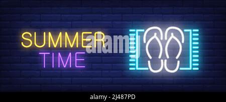 Summer time neon style lettering. Flip flops on beach mat on brick background. Beach, summer resort, vacation. Bright wall sign. Can be used for adver Stock Vector