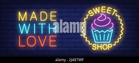 Sweet shop neon sign. Cupcake and bright made with love inscription on brick wall background. Night bright advertisement. Vector illustration in neon Stock Vector