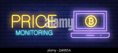 Price monitoring vector illustration in neon style. Text, computer screen and bitcoin on brick wall background. Night bright advertising design. Finan Stock Vector