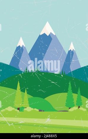 Landscape with green hills and blue mountains illustration. Stock Vector