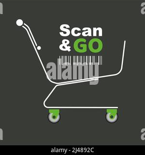 Scan & Go vector illustration with barcode and shopping trolly Stock Vector