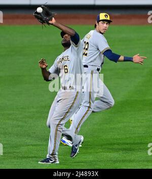 Baltimore, United States. 12th Apr, 2022. Milwaukee Brewers center fielder Lorenzo Cain (6) fields the final out against the Baltimore Orioles as left fielder Christian Yelich (22) backs him up during the ninth inning of a game at Camden Yards in Baltimore, MD, on Tuesday, April 12, 2022. Milwaukee won 5-4. Photo by David Tulis/UPI Credit: UPI/Alamy Live News Stock Photo